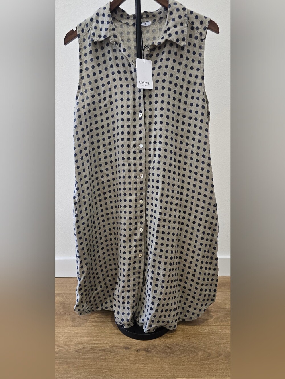 NWT 100% Linen Polka Dot Button Front Shirt Dress L Made In Italy Pockets